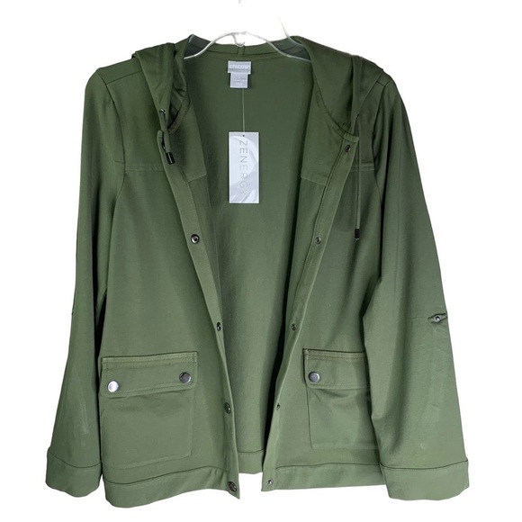 Chico’s New Polished Hooded Olive Colored Snap Front Closure Jacket w Pockets M - Picture 9 of 10